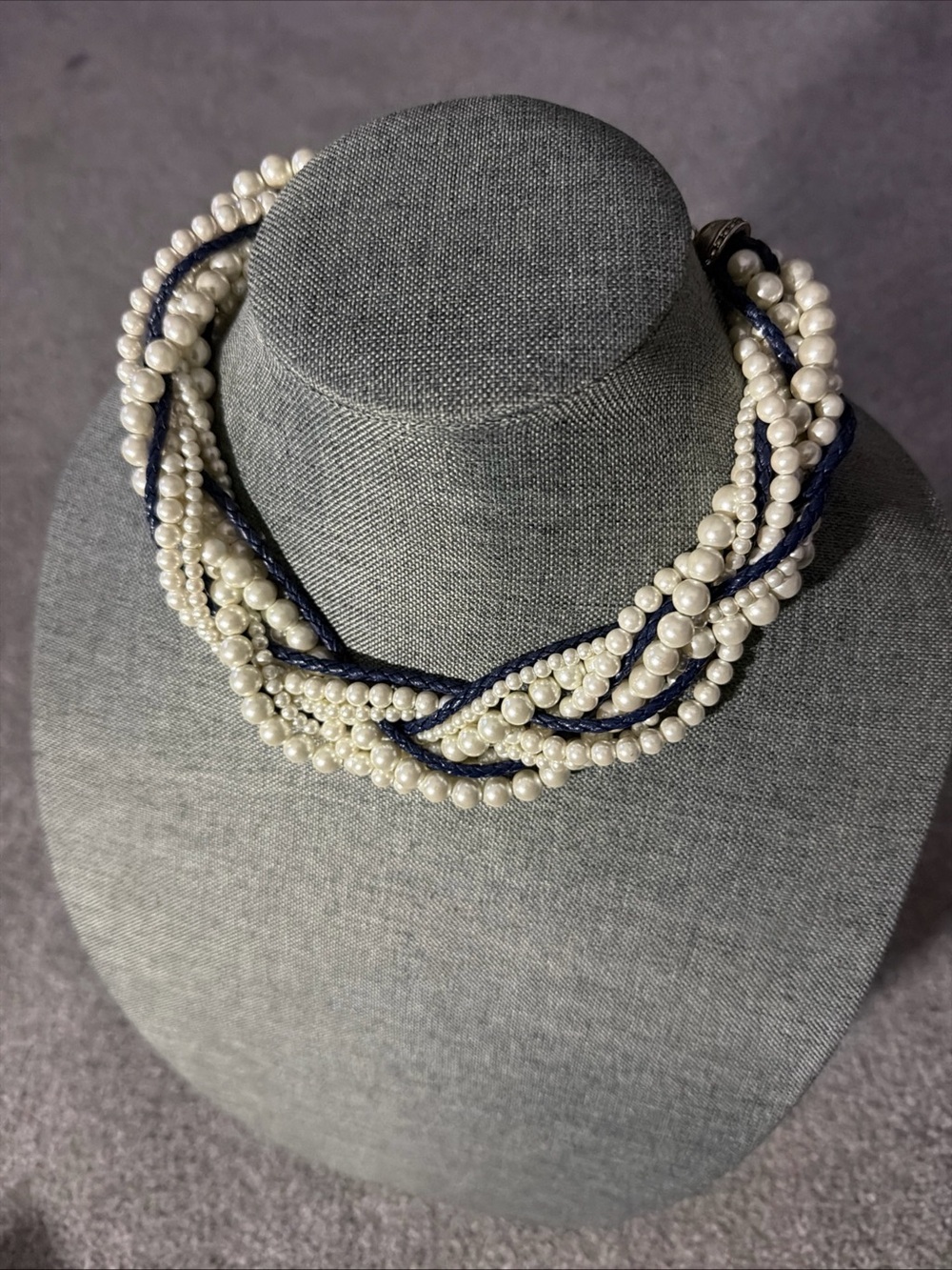 Twisted Pearl Multi-Strand Necklace with Navy Cord
